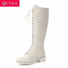 QUTAA/ г. Качественная женская обувь из коровьей кожи с круглым носком, на шнуровке, на молнии модные осенне-зимние сапоги до колена на квадратном каблуке размеры 34-43
