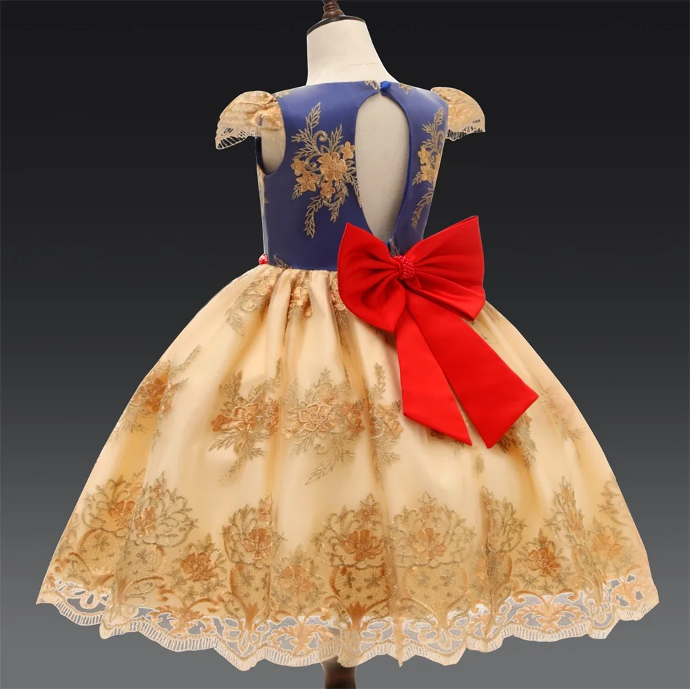 Princess Party Dress Toddler Kids Baby Girl Dresses Round Neck Short Sleeve Lace Bow Flower Tutu Lace Birthday Ball Gown Dress
