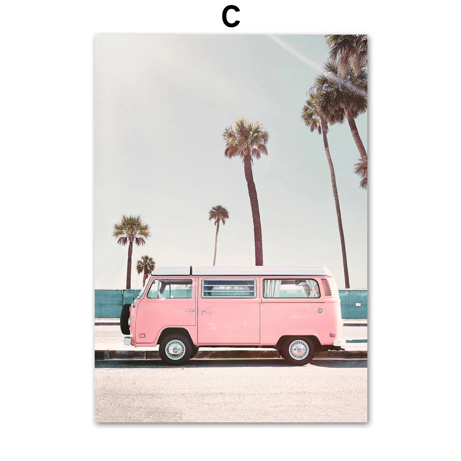 Pink-Bus-Sky-Sea-Beach-Coconut-Palm-Quote-Nordic-Posters-And-Prints-Wall-Art-Canvas-Painting (4)