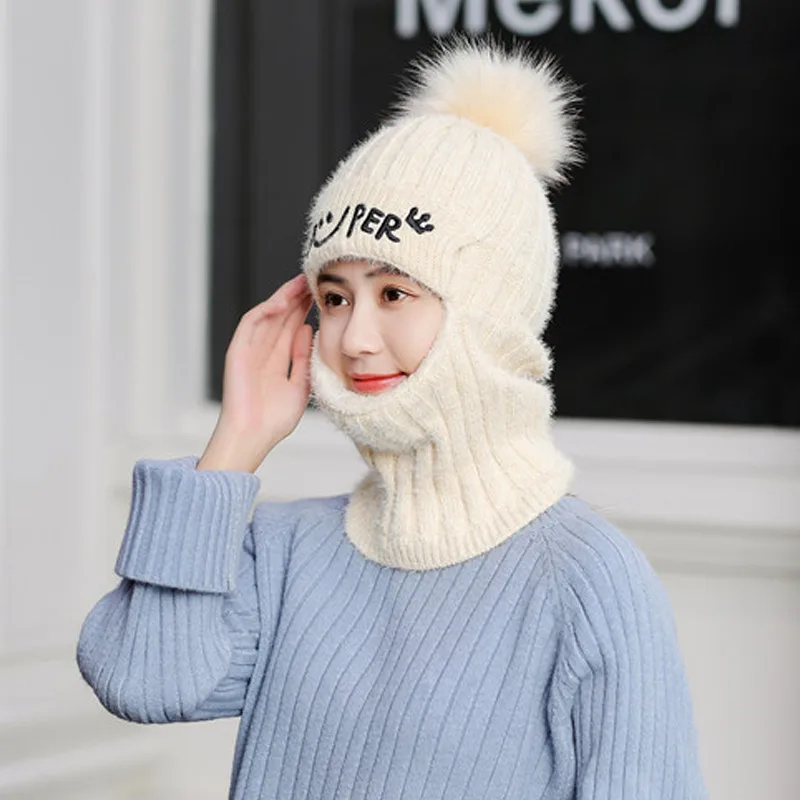 Beige No zipper Зимняя вязаная шапка, теплая шапка с флисовой подкладкой для женщин, шапка для велоспорта на открытом воздухе, Осень-зима, FS99 - Цвет: Beige No zipper