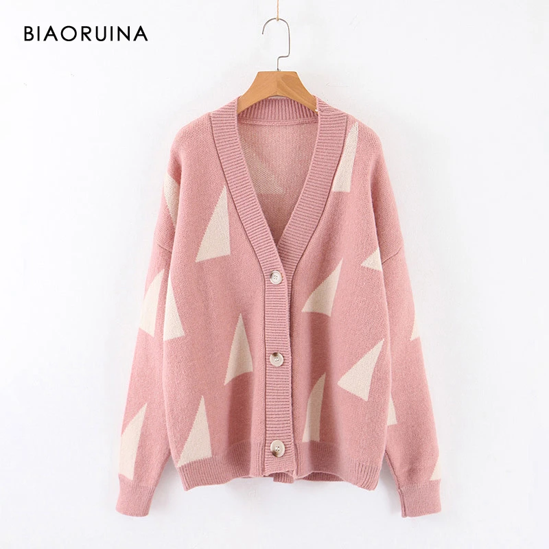 

BIAORUINA 4 Color Women's Triangle Jacquard Casual Knit Cardigans Female Oversized Single Breasted C-neck Fashion Sweater