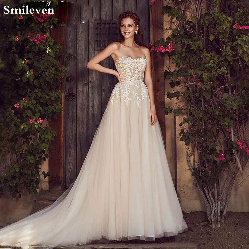 Smileven A Line свадебное платье цвета шампань Boho 2020 кружевное с вырезом сердечком