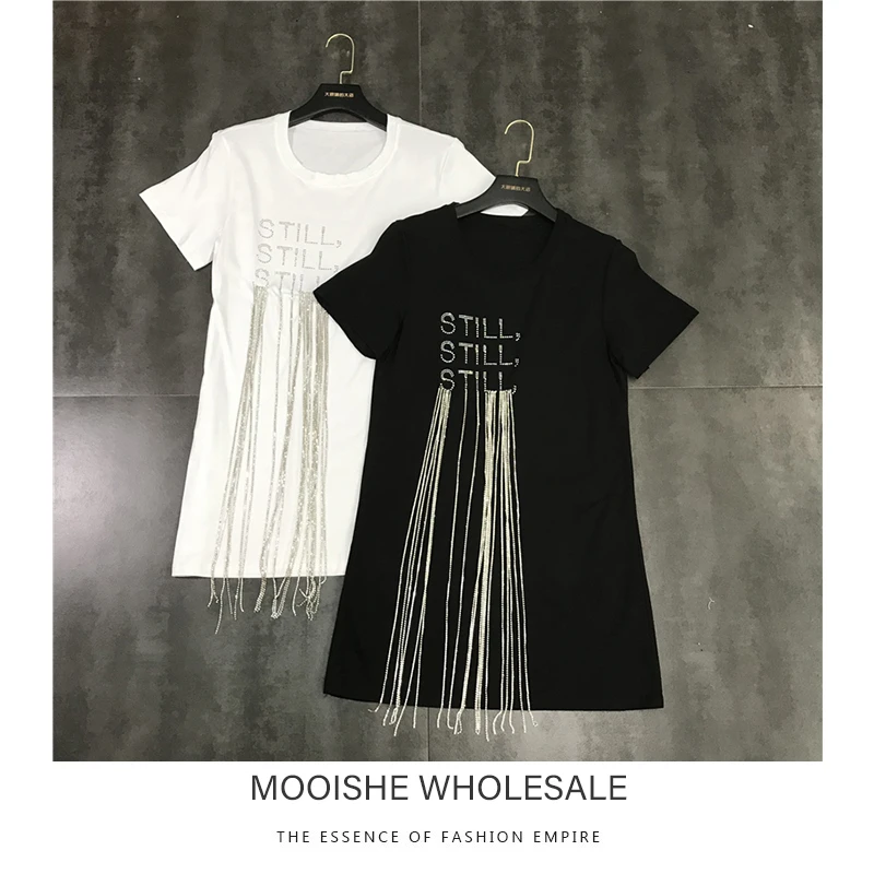 Женская летняя футболка Mooishe с коротким рукавом кисточками из страз цепочкой