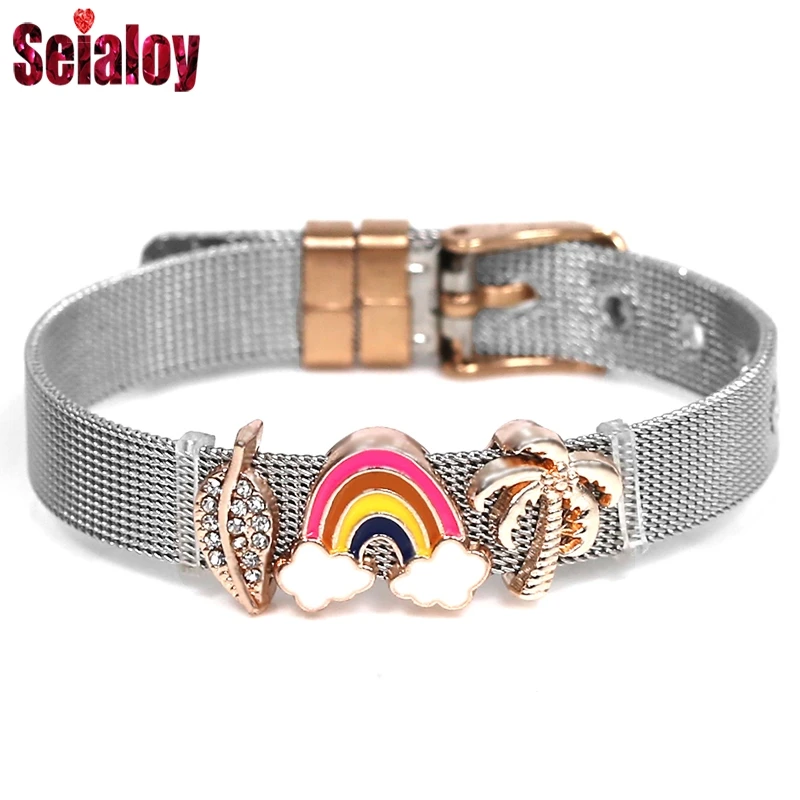 10mm Two-Color Stainless Steel Mesh Watch Bracelets For Women Men Rose Gold Leaves Rainbow Palm Tree Charm Belt Bangles | Украшения и