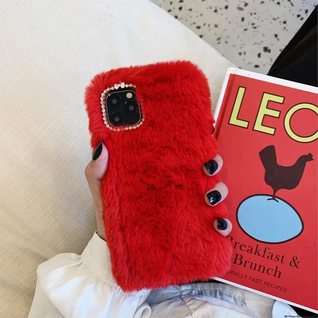 Red Rabbit Fluffy Hair Case For iPhone 11 Pro Max 6 6s 7 8 Plus X 10 XR Warm Furry Back Cover For iPhone XS Max 5 5s SE Phone Cases - Цвет: Red