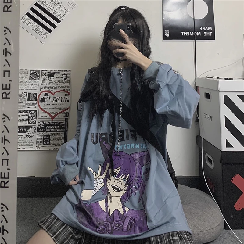 

Original Ins Harajuku BF Style Japanese Two-Dimensional Cartoon Print All-Match Loose Sweater Women