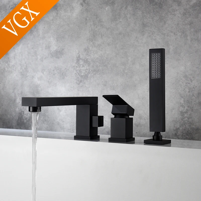 Vgx Robinet De Baignoire Carré Salle Bains Avec Poignée Douche Système À Unique En Laiton Brossé Or Chrome Noir