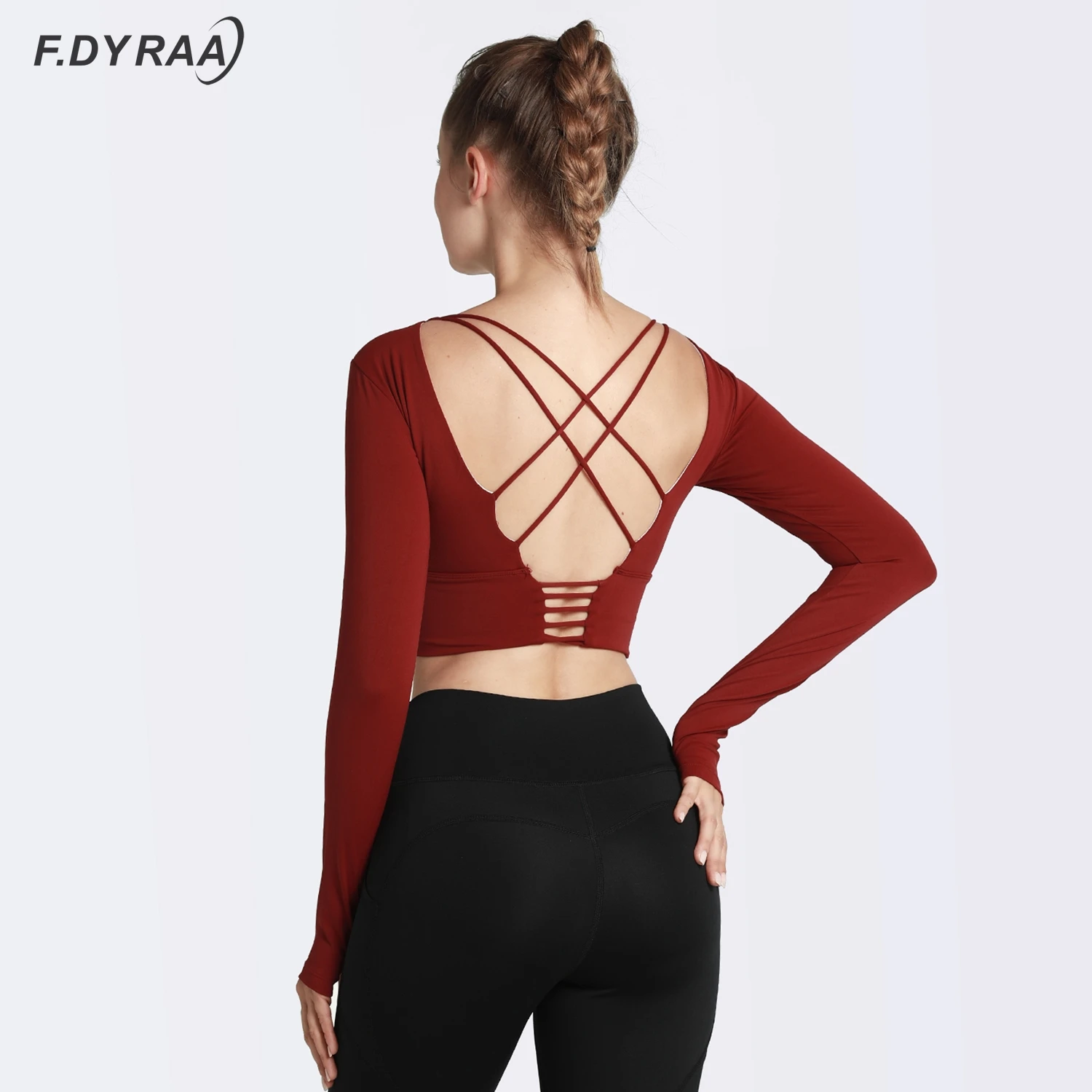 

F.DYRAA Women Crop Yoga Top Gym Sports Running Exercise Workout Backless Sweat T-shirt Fitness Shirt Long Sleeve With Chest Pad