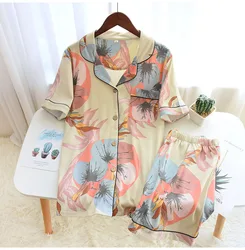 Cotton Women's Short Sleeve Shorts Pajamas Set Womens Pajamas Large Floral Print Pajamas Set Home Service Womens Pajamas