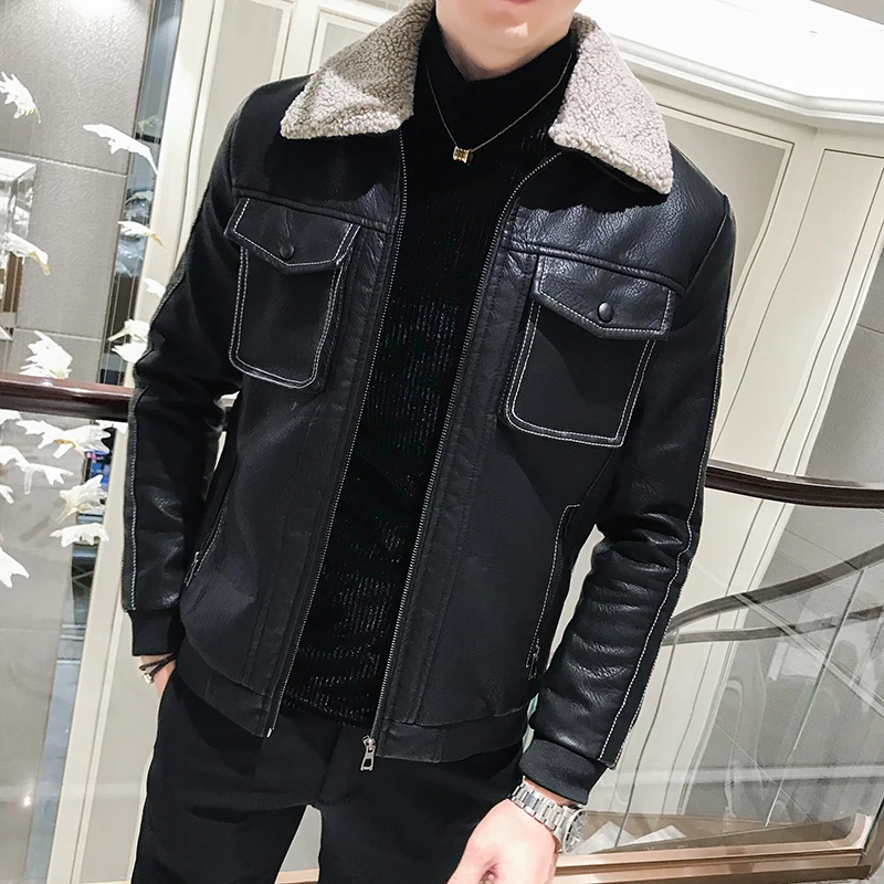 Корейские мужские пальто кожаные куртки Bomer короткие новые зимние мужские куртки кожаные с отложным воротником мужская кожаная одежда черный - Цвет: black