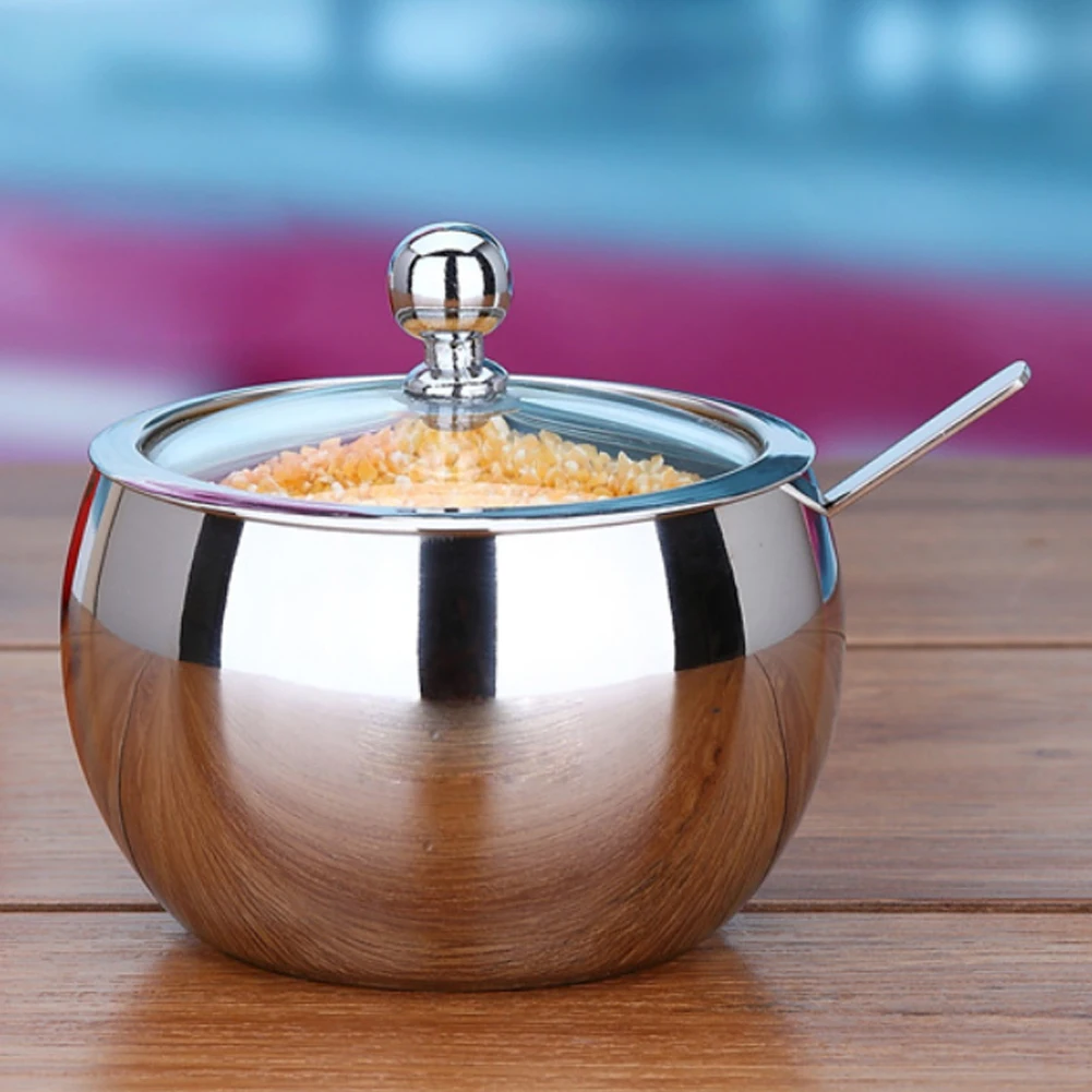 Seasoning Tank + Spoon /Set Household Thicker Stainless Steel tank Coffee Jam Lid Salt Spoon Bowl Sugar Box Kitchen Cooking Tool