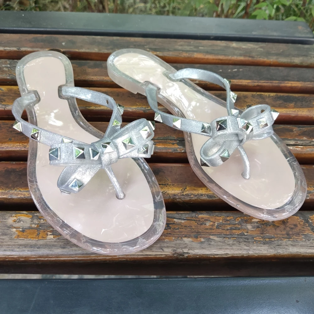 Summer Beach Sandals Woman Flip Flops PVC Slides Female Sandals Rivet Bowknot Slip on Flat with Women Studs Slippers Jelly Shoes