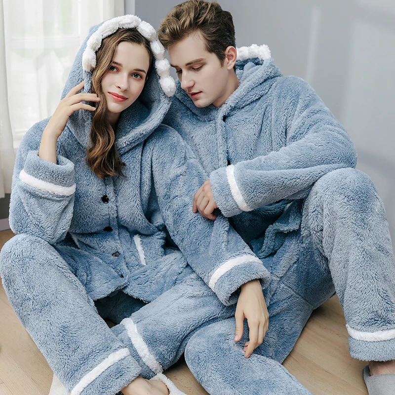 Autumn Winter Thick Coral Fleece Couple Pajamas 2piece Set Sleep