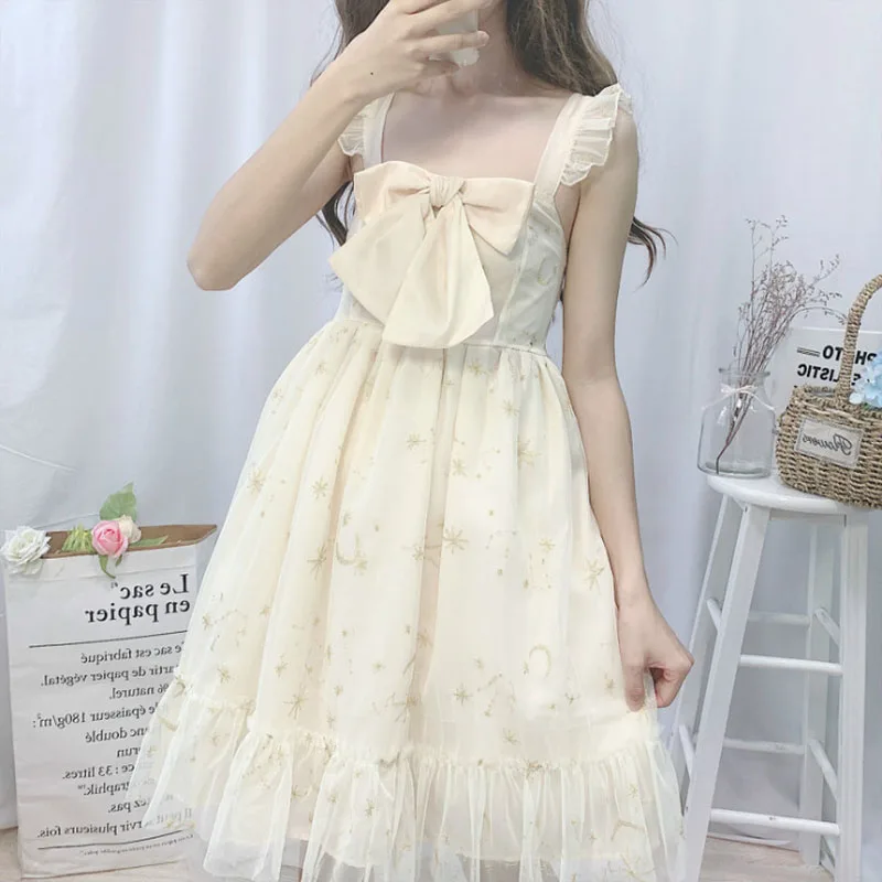 Japanese Sweet Lolita Dress Bow Embroidery Mesh Spaghetti Strap Dress High Waist Elegant Gradient Vestito Party Dresses