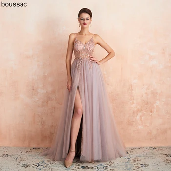 

Sexy Spaghetti Straps Evening Dresses 2019 New Arrival V-Neck Rhinestones Beading Formal Prom Gowns with Slit robe de soiree