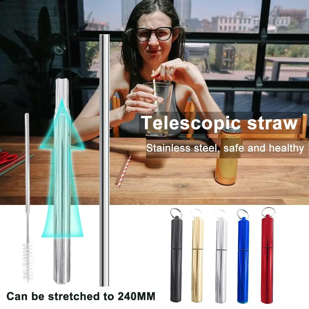 

Portable Stainless Steel Telescopic Milk Tea Drinking Straw with Cleaning Brush for Traveling Use