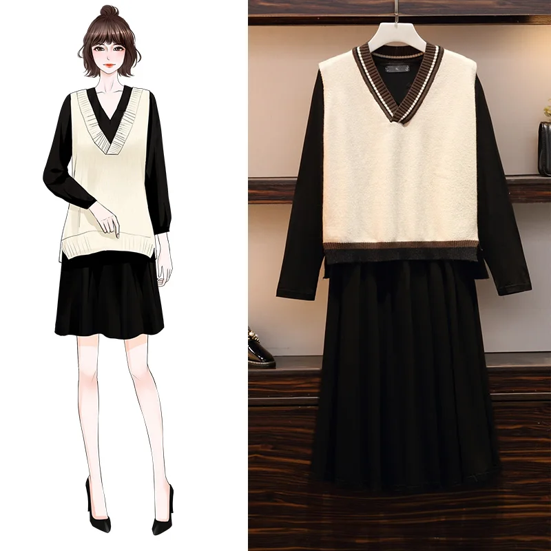 

New Fat Sister Knitted Majiayang Gas Reservoir Meat Dress Two-piece Suit