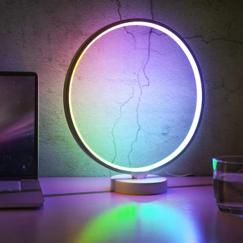 

7 Colors Dimmable Bedroom Nightstand Lamps, 6 Lighting Effect Modes LED Bedside Lamp Warm Light Modern Circle Table Lamp with Re