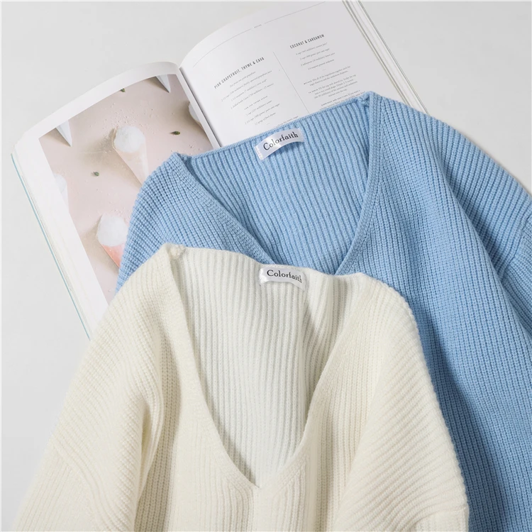 Новинка осень зима женские свитера с v-образным вырезом минималистичные топы Модный корейский Стиль Вязание повседневные однотонные