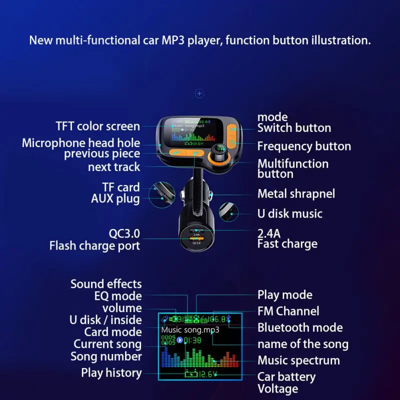 1 шт., автомобильный Bluetooth 5,0 плеер, функция громкой связи с функцией fm-передатчика, определение напряжения, умное быстрое зарядное устройство