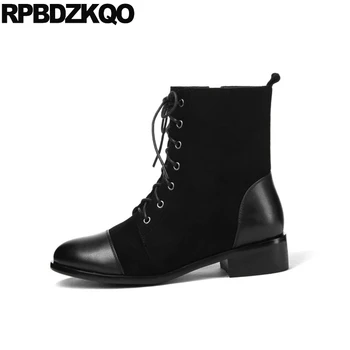 

autumn suede black shoes lace up chunky round toe genuine leather real side zip boots fur winter 2019 block ankle designer women