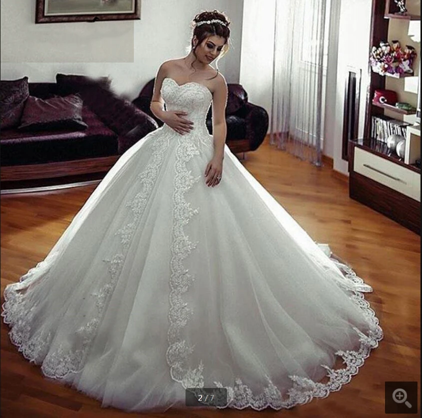 

2019 new arrival white lace appliques ball gown wedding dresses strapless sweetheart neckline princess puffy elegant bridal gown