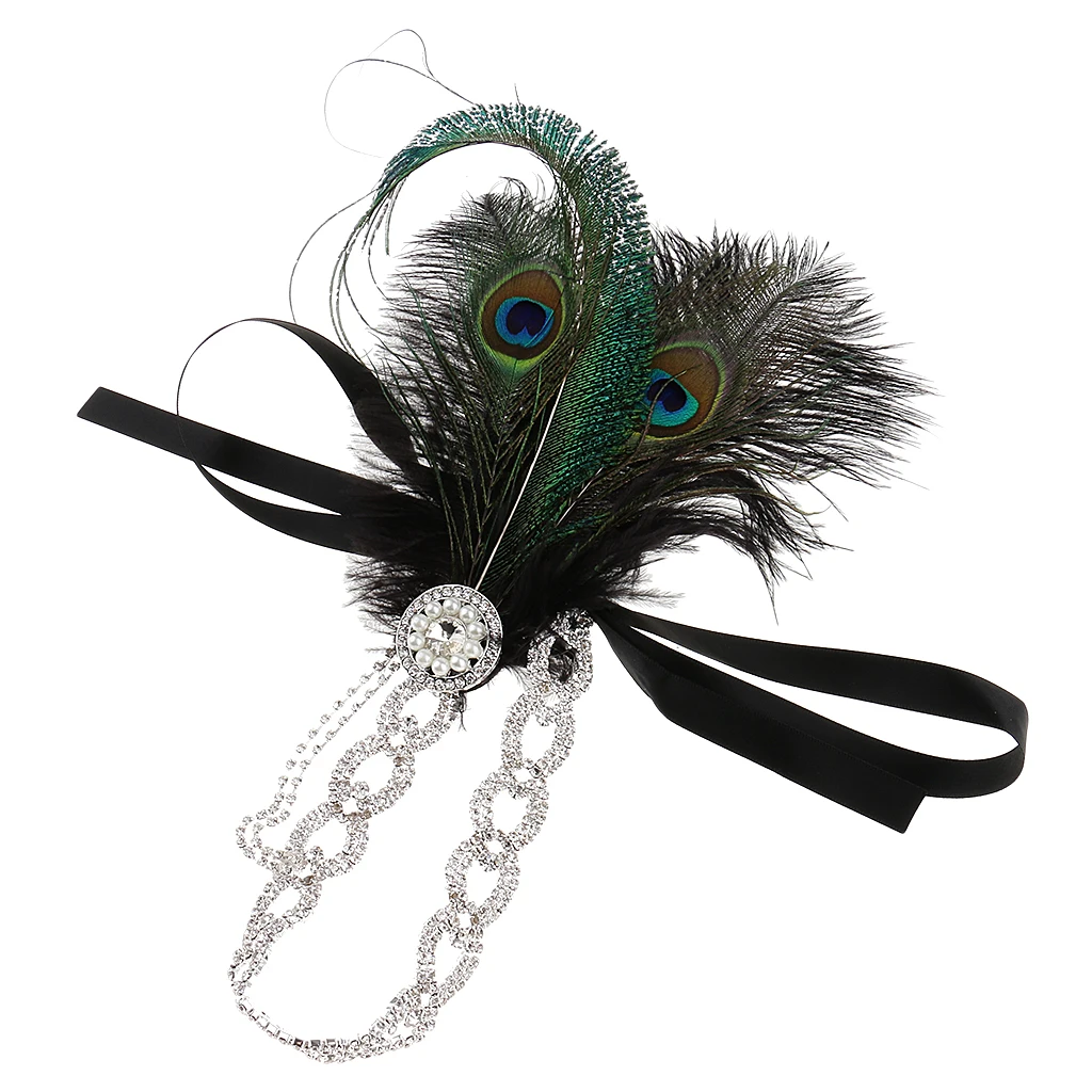 Women Peacock Feather Crystal Chain Tassel Pearls Fascinator 20s Flapper Headband Wedding Party Prom Cocktail Hair Accessory