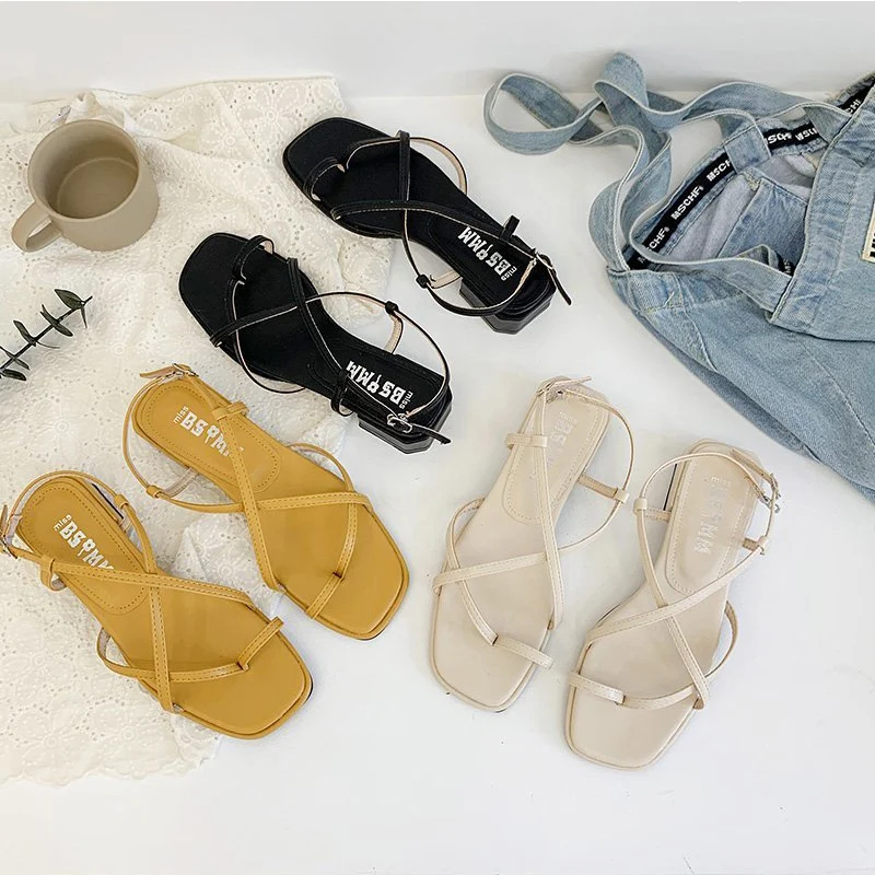 

Ankle Buckle Strap Sandals Women Shoes Fashion Casual Square Toe Low Heels Summer Elegant Black Beige Yellow Women Sandals 2020