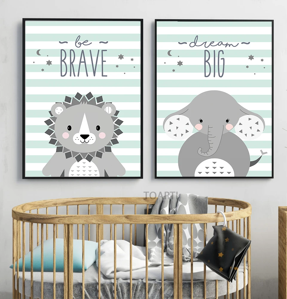 Cartoon Animal Lion Giraffe Elephant Poster Picture Home Decor Print Nursery Quote Canvas Painting Be Brave Letters Wall Art (2)