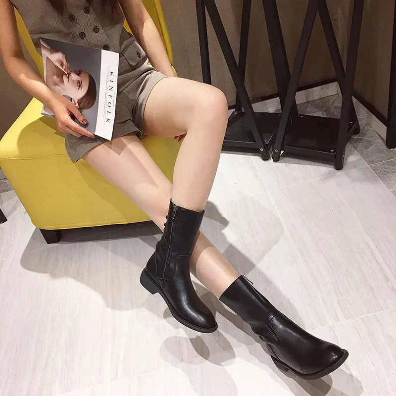 

Chunky Heel Short Boots Women's 2019 Autumn & Winter New Style Online Celebrity British Style Knight Semi-high Heeled Side Zippe