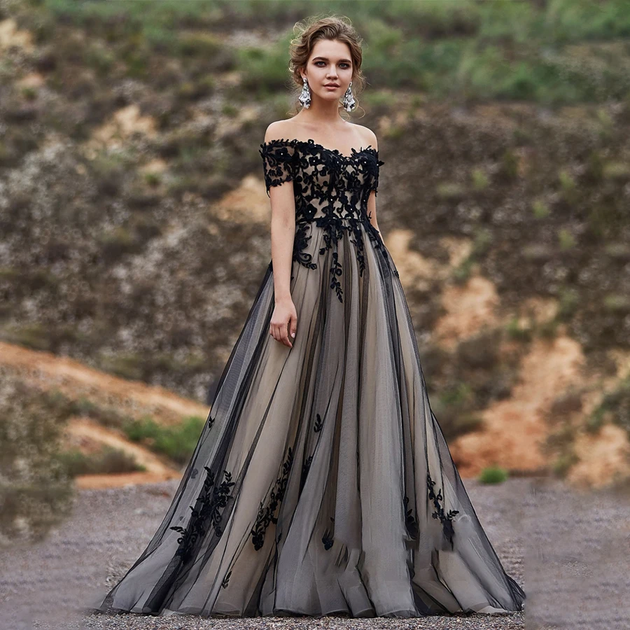 Off the Shoulder Short Sleeves Lace Applique Crystals A-line Wedding Dress Sweep Train