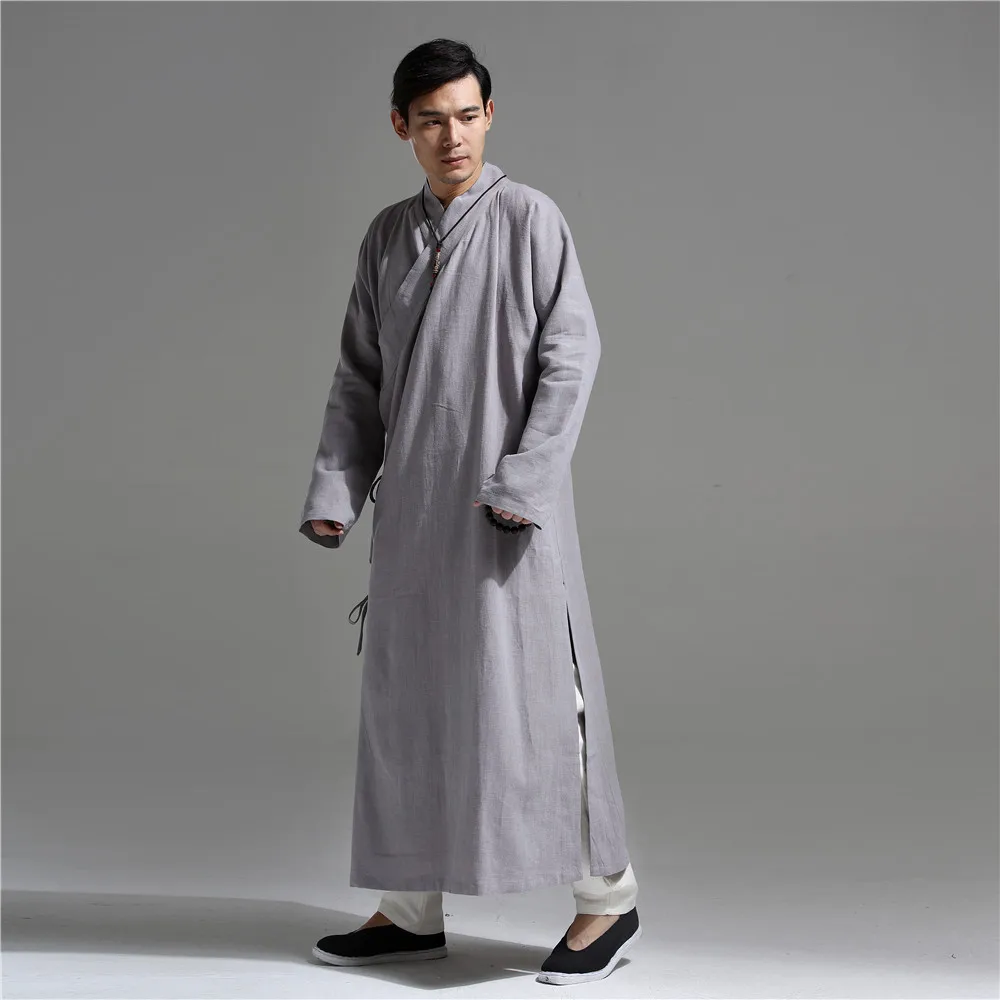 Китайский стиль Han Fu, длинный хлопок и конопля, Мужская удлиненная серия Han Fu, чай дзен, обслуживание кунг-фу, халат, Wing Chun, мандарин - Цвет: Серый