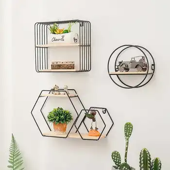 

Nordic Wall Mounted Hanging Decorative Shelves Iron Hexagonal Round Square Grid Rack Storage Holder Modern Wall Decoration Shelf