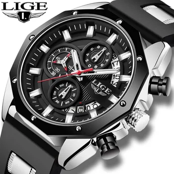 

2020 LIGE Sport Chronograph Men's Watch Leather Band Wristwatch Big Dial Quartz Watches with Luminous Pointers Relogio Masculino