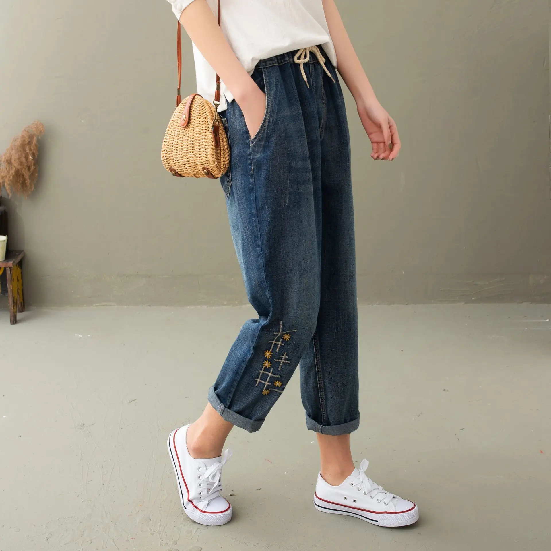 Baggy, Bordado com Cordão, elástico na cintura alta, Jeans feminino vintage