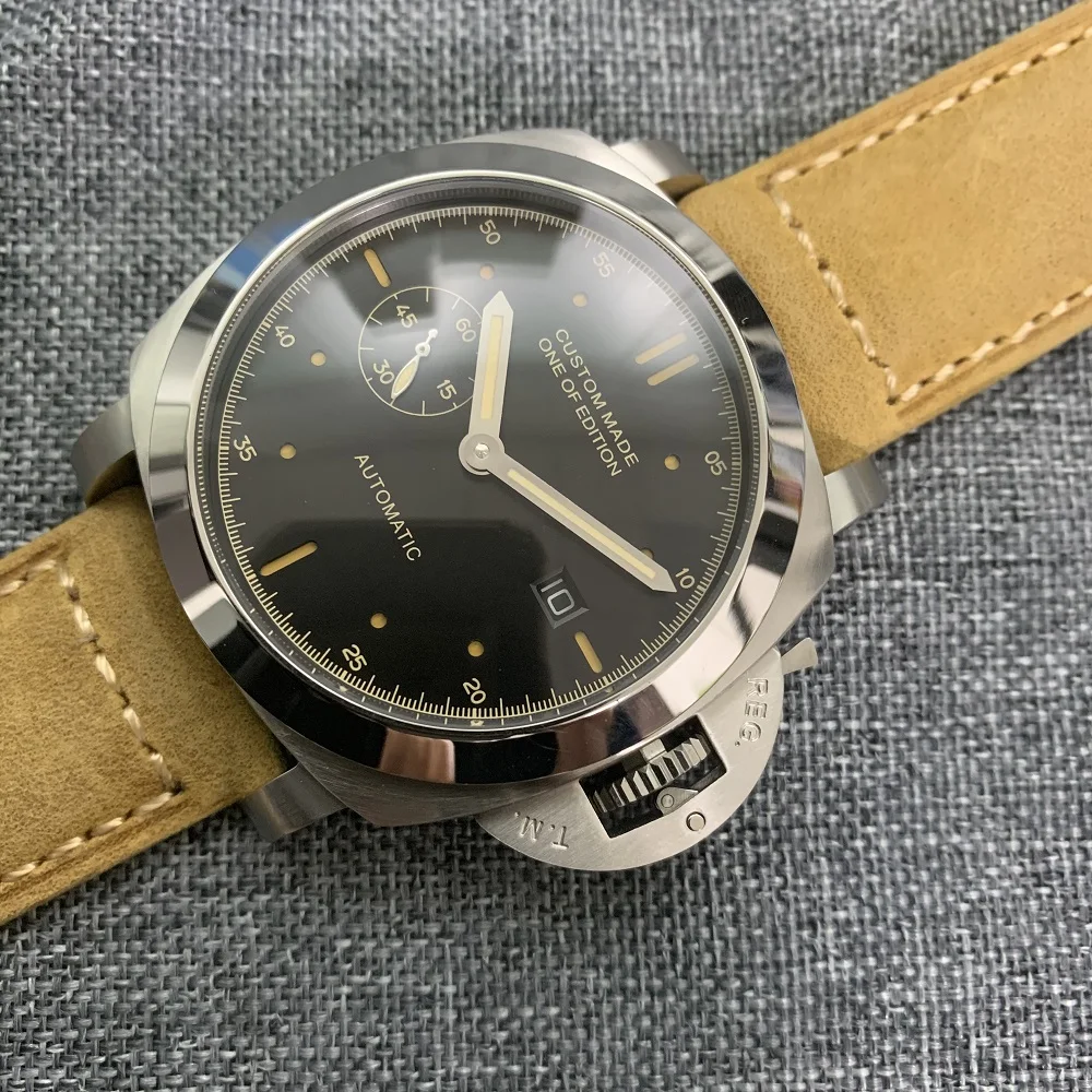 

Automatic mechanical watches Watch Men Stainless Steel Case Seagull 44MM Luminous Date Clock Military Leather Strap