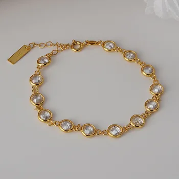 

925 Sterling Silver Zircon Bracelet For Women Golden Elegant Round Shiny Zircon Chain Bracelets Minimalist Handmade Jewelry Gift