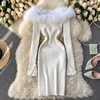 Women Knitted Dress 2022Autumn Winter Long Sleeve Off Shoulder White Sexy Party Dresses For New Year Furry Collar Elegant Robe ► Photo 3/6