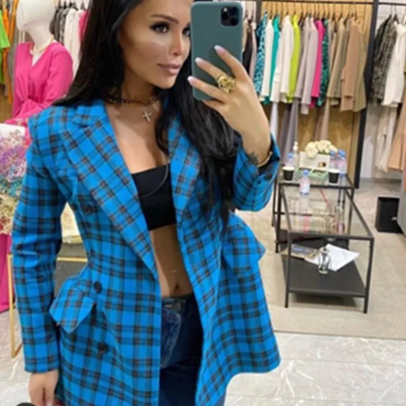 Fall 2020 new fashion Plaid long sleeve fake pocket slim casual suit coat oversized blazer  suit women blazer set