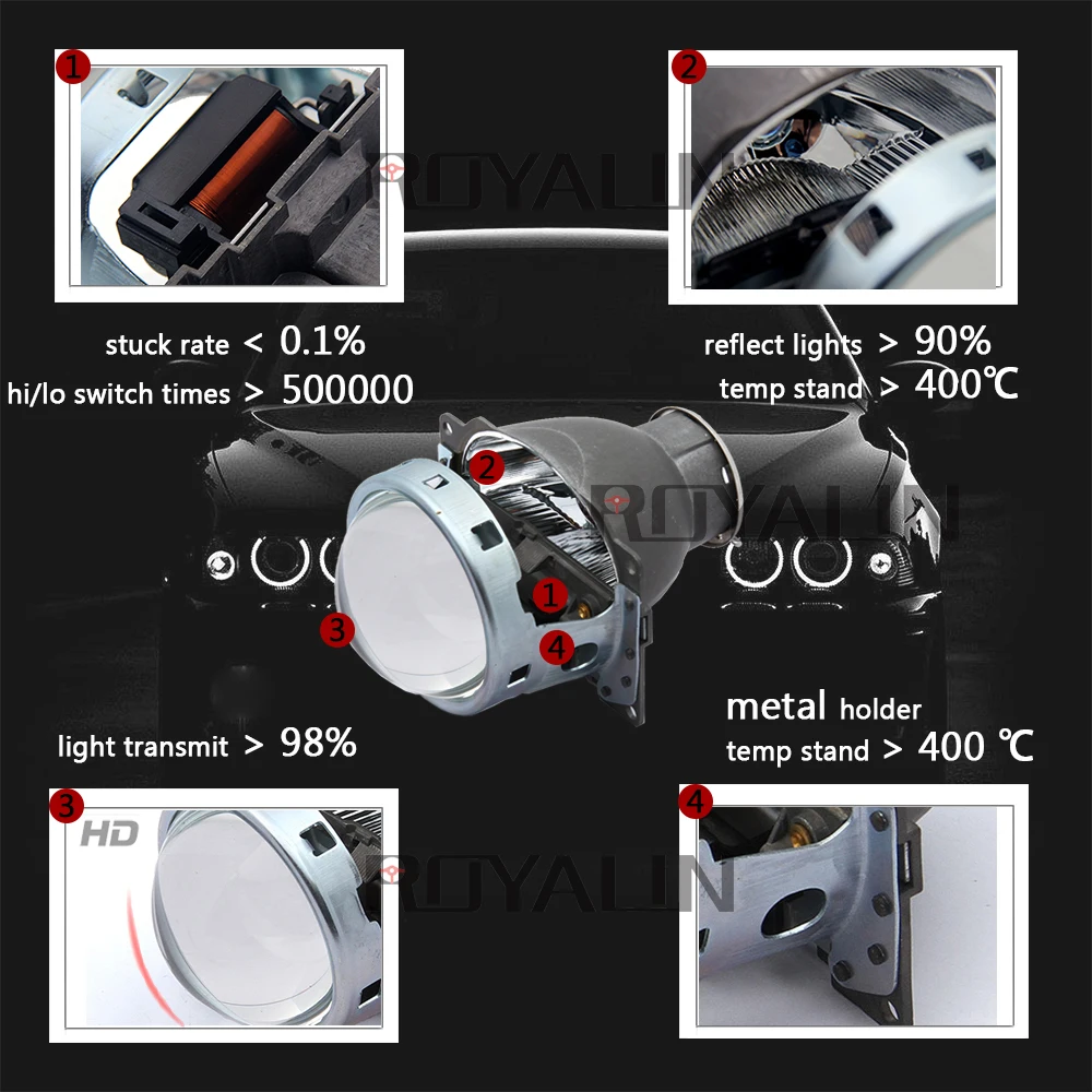 US $60.19 ROYALIN Full Metal Headlight Lens For Koito Q5 Bi Xenon Projector Lenses H1 H4 H7 9005 9006 D2S D2H Car Lights Retrofit
