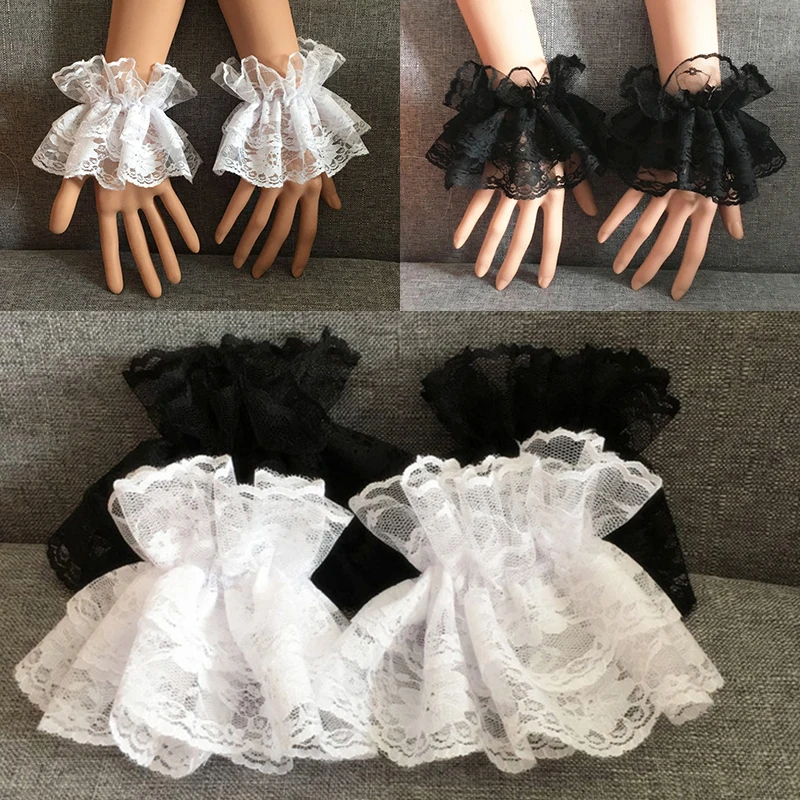 Lolita Hand Wrist Cuffs Women Ruffled Lace Trim Maid Hand Sleeve For Halloween Anime Cosplay Masquerade Party Cloth Accessories