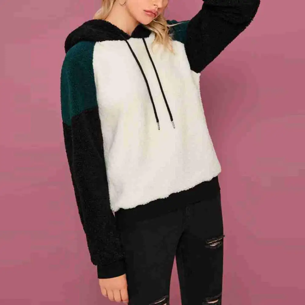 Женская кашемировая Толстовка в стиле пэчворк, пальто с длинным рукавом, пуловер, топы, осенняя мода, толстая одежда с капюшоном, черный, белый цвет, moletom