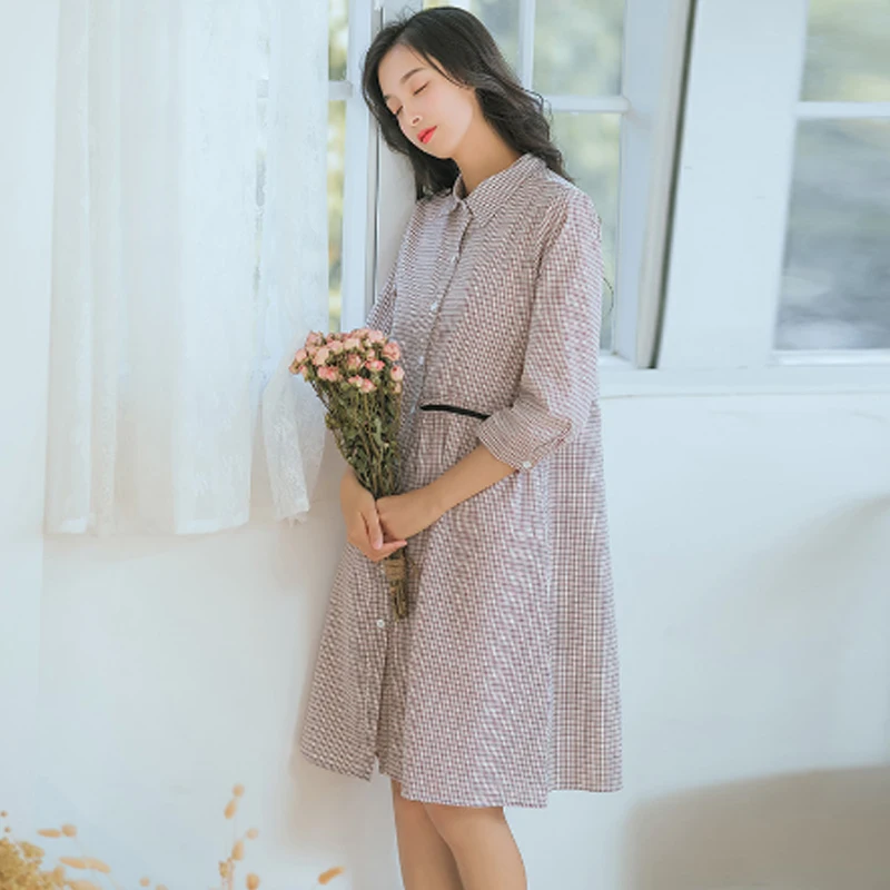 

College Small Freshstyle Spring Summer Female Shirt Dressc Asual Loose Female Down Collar Plaid Tunic Vintage Elegant Dress
