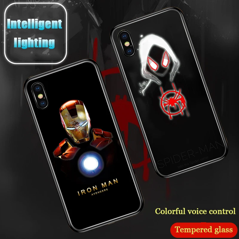 Marvel Spiderman Iron Man Intelligent induction Illuminated phone case For iPhone 6 S 7 8 Plus X XS 11 Pro MAX XR Glitter Cover |
