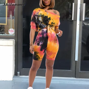 

Casual Women Tie Dye Women Two Pieces Set Off Shoulder Crop Top + Pants Front Tie Bandage Summer Clothes For Women