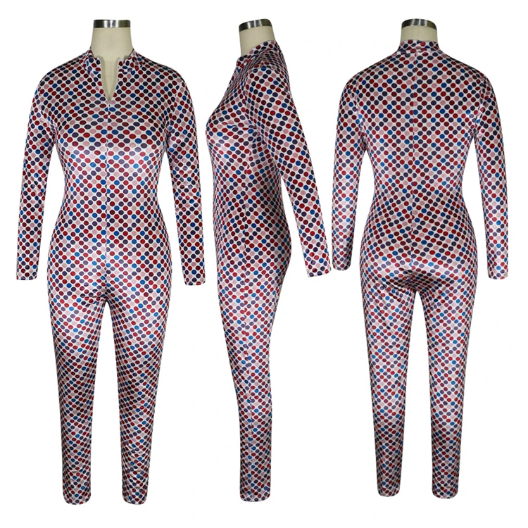A110494 2019 casual long zipper polka dot pleuche fashion wholesale print women jumpsuits and rompers