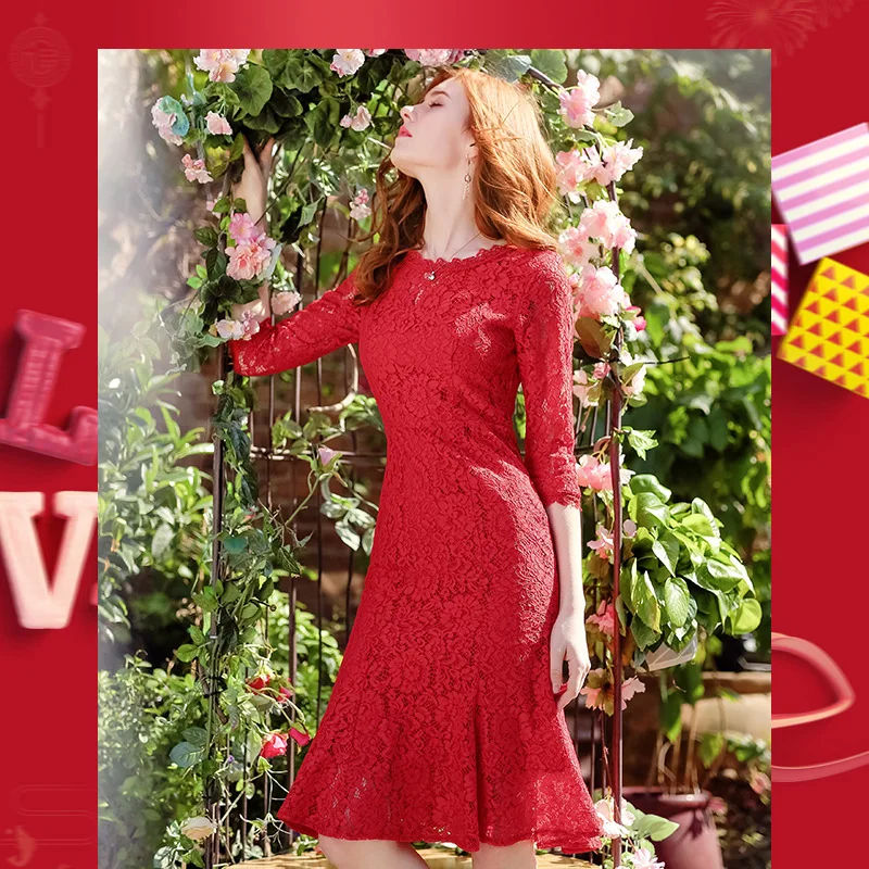 Women Dress 2020 Spring and Summer Dress Women's Red Western-style Sexy Lace Dress Wild Slim Fishtail Dress Dresses Women Dress 2020 Spring and Summer Dress Women's Red Western-style Sexy Lace Dress Wild Slim Fishtail Dress Dresses