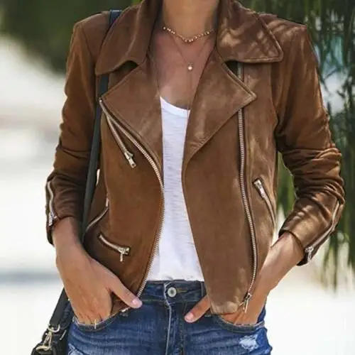 

Fashion Women Ladies Thin Leather Jacket Coats Zip Up Biker Casual Flight Top Coat Outwear