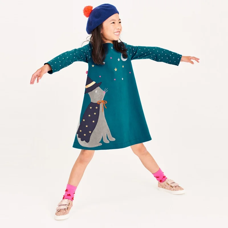 

Cartoon Girls Children's Clothing Spring Autumn Kids Princess Dresses Printed Knit Cotton Long Sleeve Round Collar Casual Dress