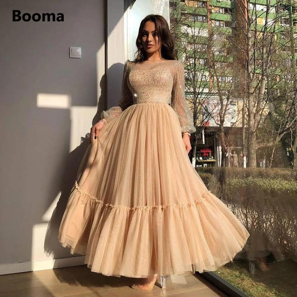 Booma Modest Champagne Prom Dresses Long Sleeves O-neck Glitter Top Prom  Gowns Ankle-length Tiered Tulle Formal Party Dresses - Prom Dresses -  AliExpress